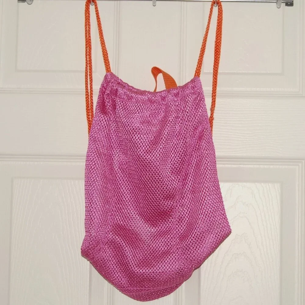Girls Fuchsia Pink Mesh Drawstring Beach Bag
